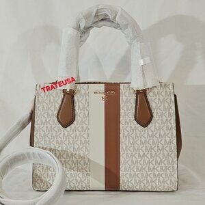 NWT Michael Kors Marilyn Medium Logo Stripe Satchel Bag Vanilla Acorn